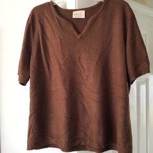 Kathie Lee 1X Shirt Sleeve Brown V Neck Knit Sweater